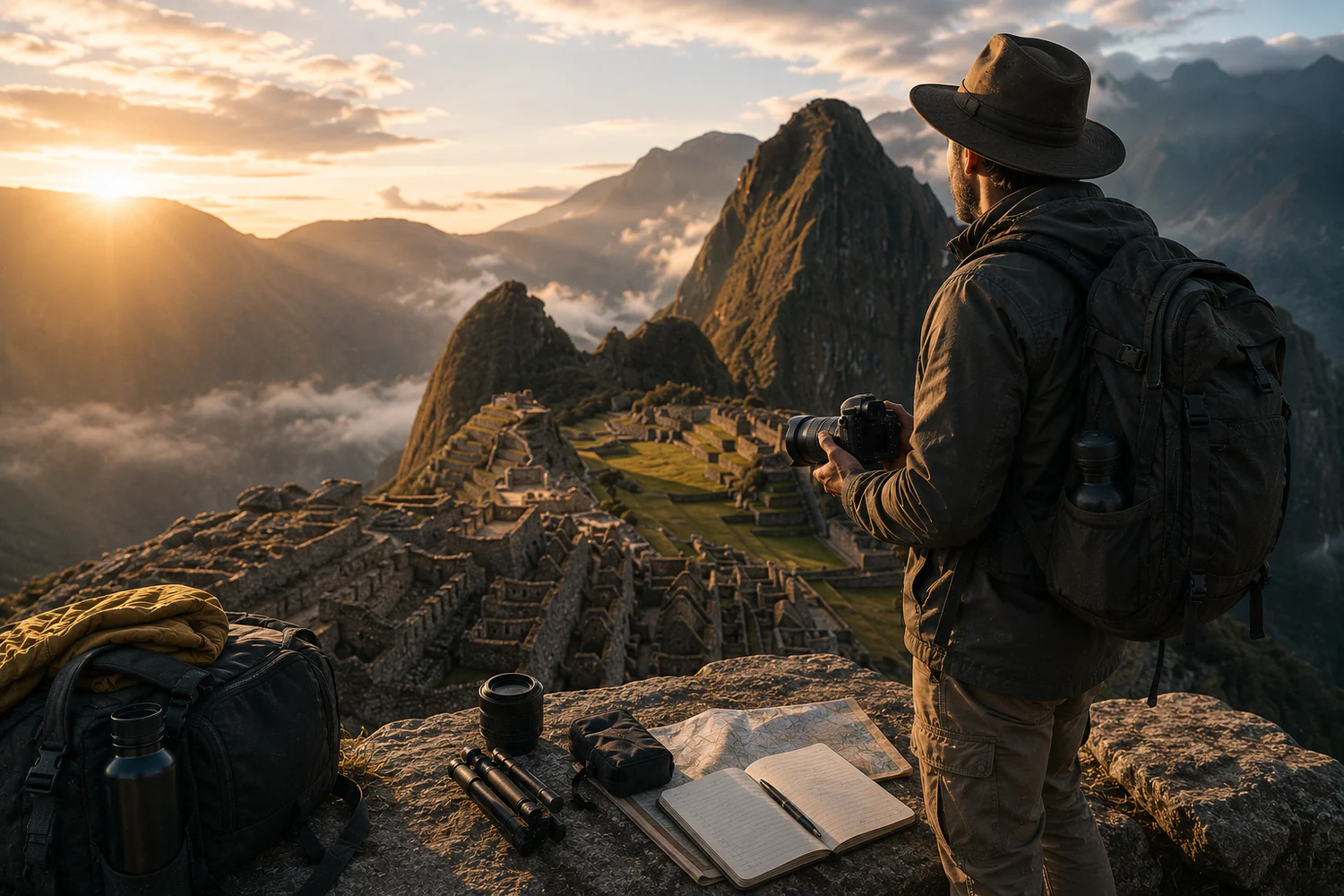 Voyageuse photographiant un paysage naturel avec un appareil photo compact.