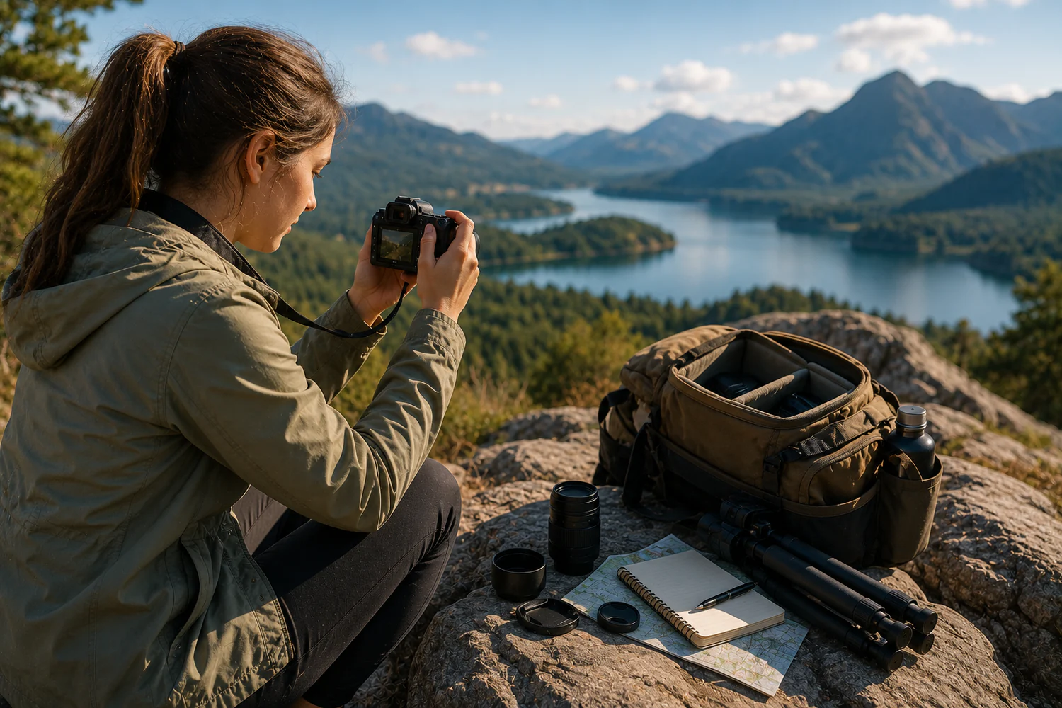 Photographe débutante apprenant à utiliser un appareil hybride en extérieur.