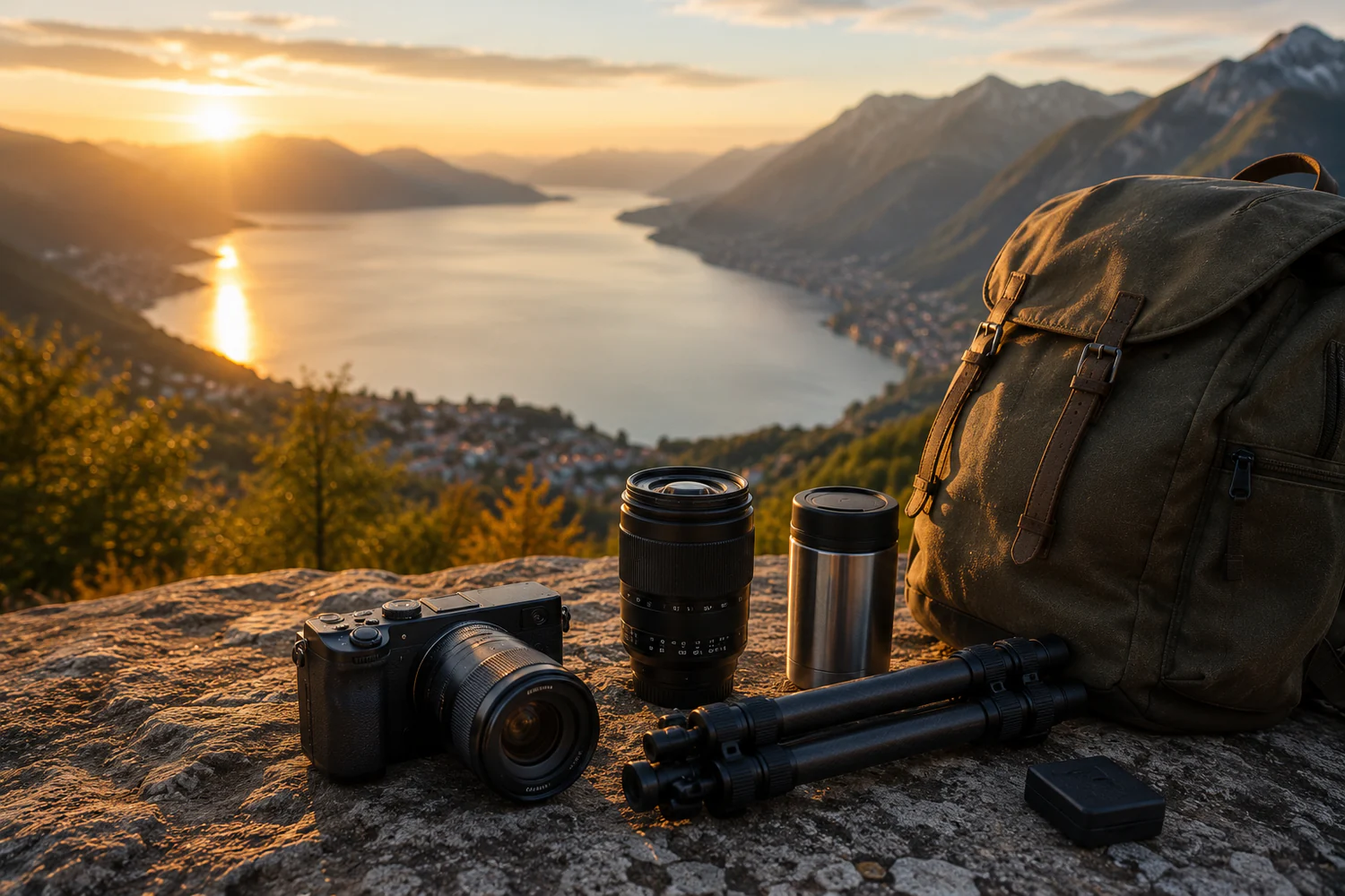 Appareil photo, objectifs compacts et sac de voyage posés sur un muret face à un lac de montagne au coucher du soleil.