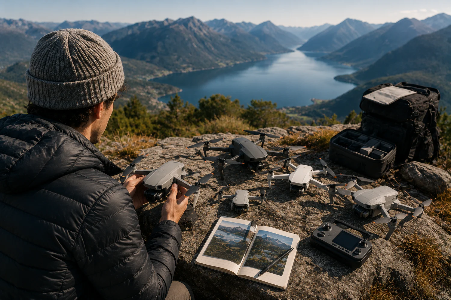 Acheteur comparant plusieurs drones caméra sur un point de vue en montagne.