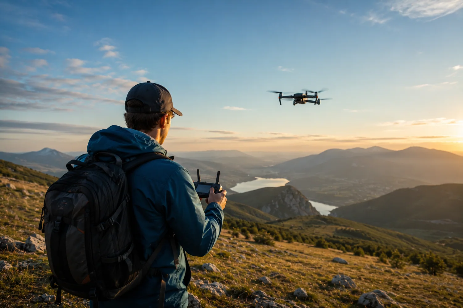 Pilote débutant contrôlant un drone dans un vaste paysage naturel