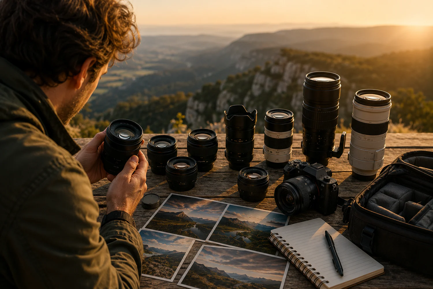Photographe comparant plusieurs objectifs photo près d'un appareil hybride.