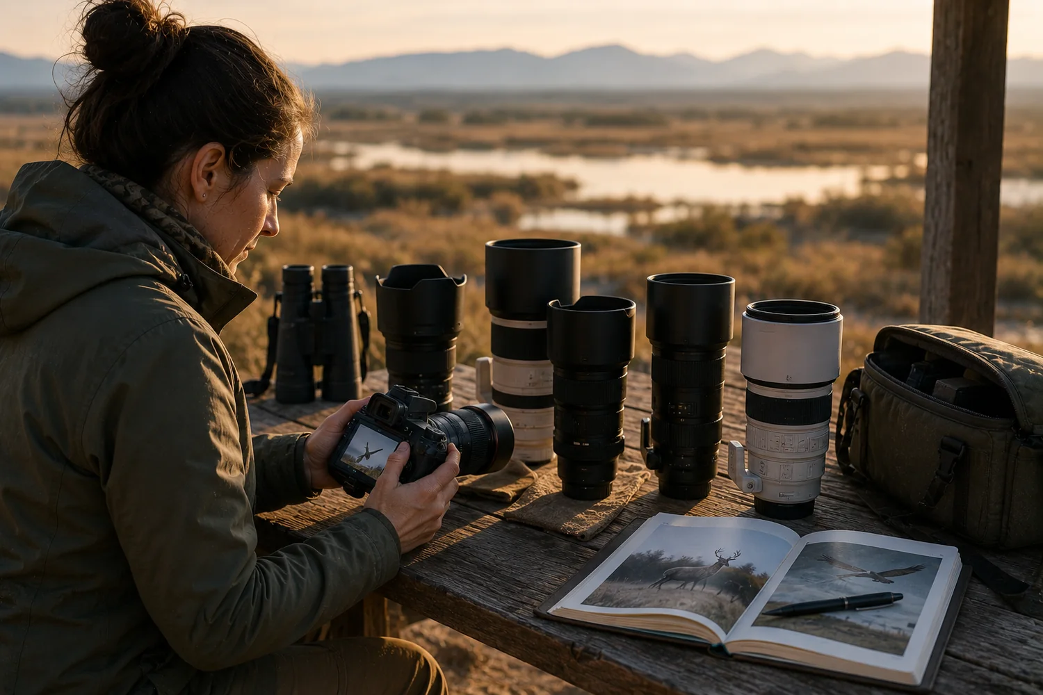 Photographe animalière comparant plusieurs téléobjectifs dans un site d'observation naturel.