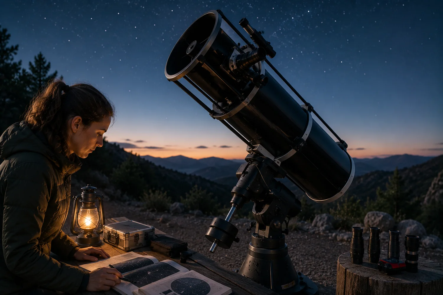 Astronome amateur comparant plusieurs télescopes pour débuter lors d'une observation au crépuscule.
