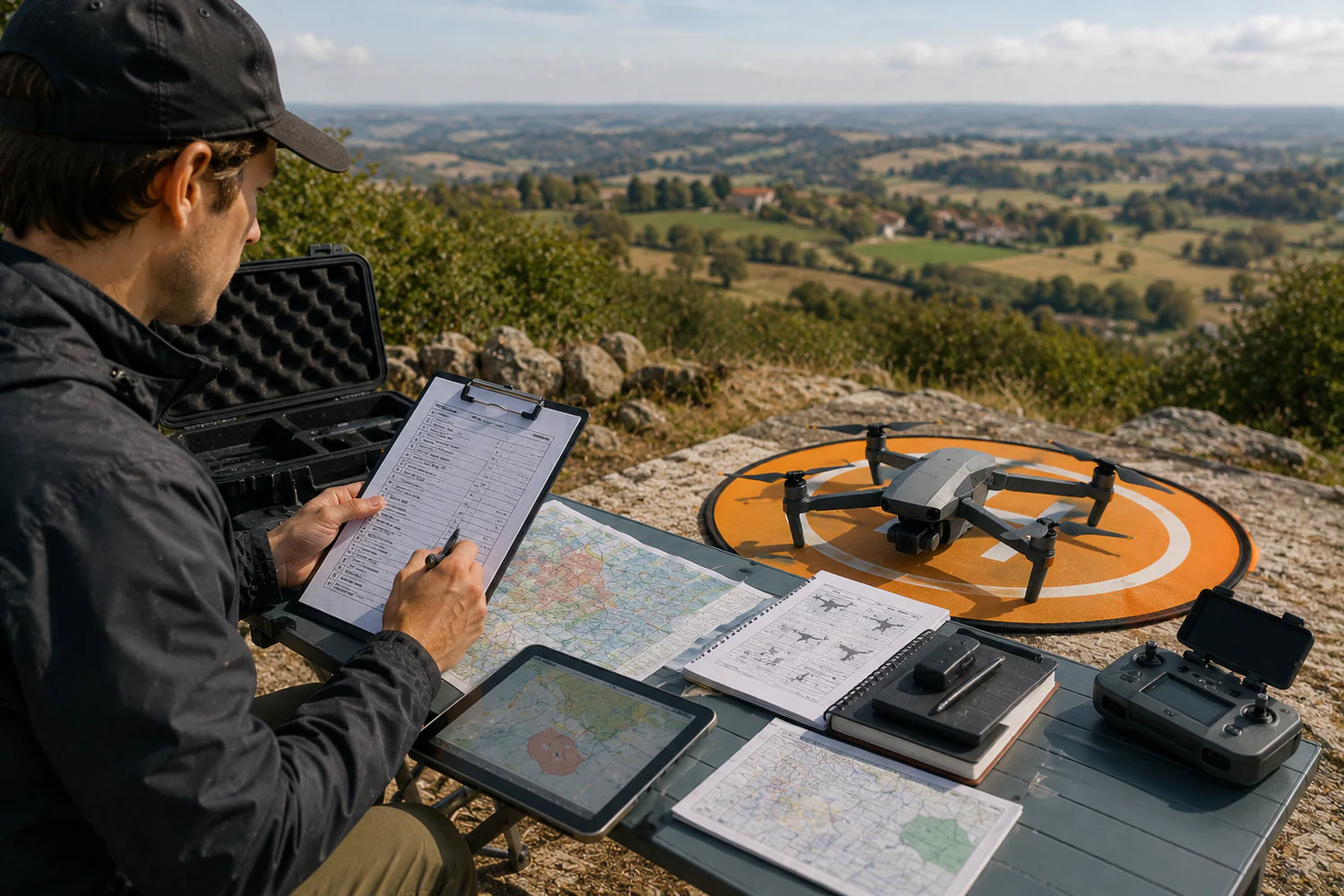 Pilote préparant un vol de drone en France avec cartes, documents et checklist de sécurité.
