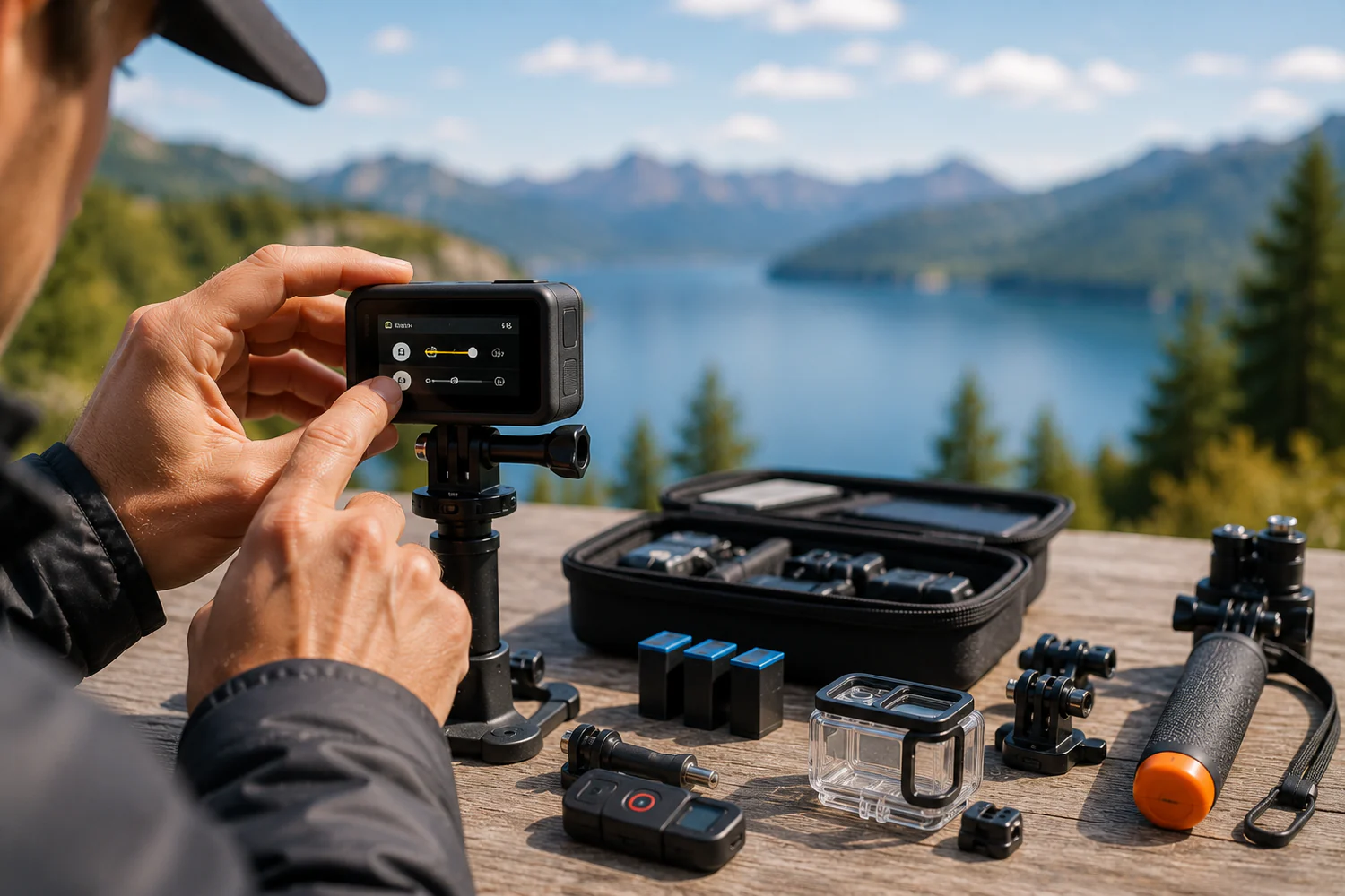 Utilisateur réglant une action cam installée sur un support extérieur sécurisé.