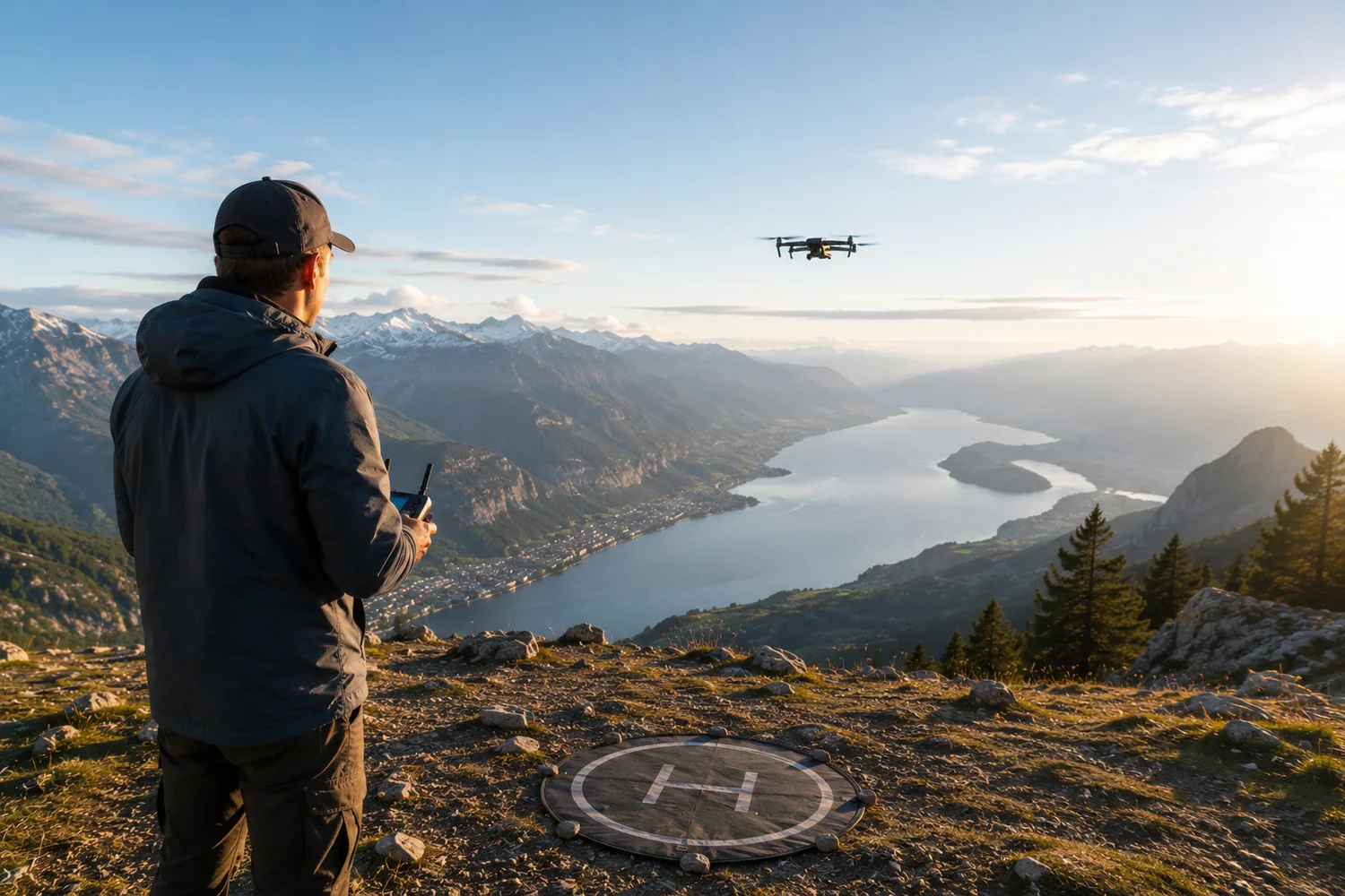 Pilote de drone utilisant une zone de décollage sécurisée face à un paysage montagneux