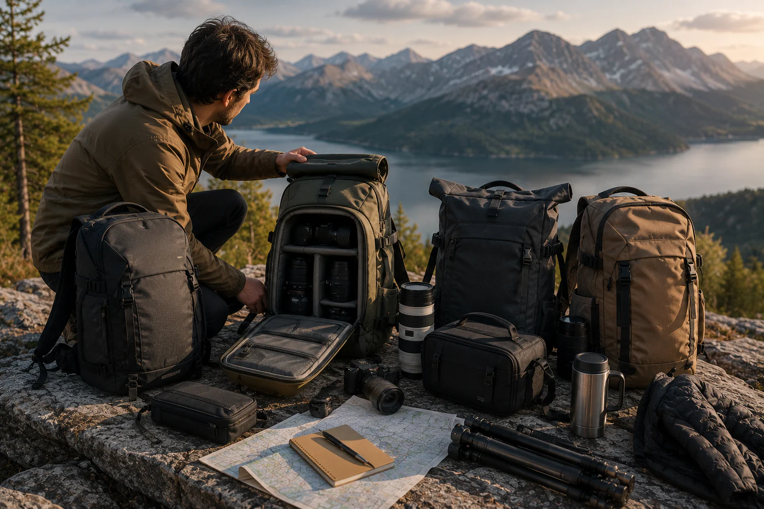 Photographe comparant plusieurs sacs photo avec appareils, objectifs et accessoires de voyage.