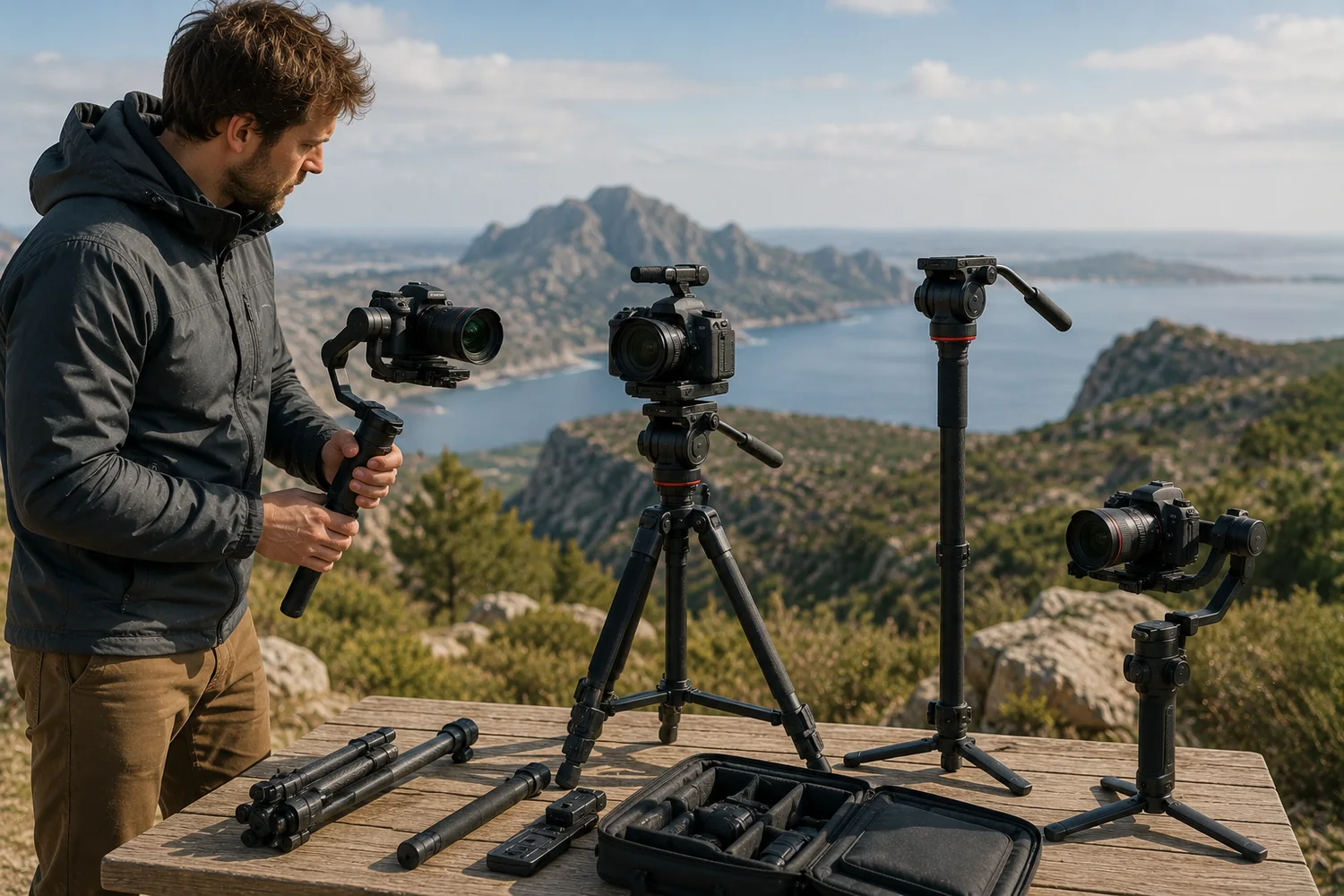 Vidéaste comparant un stabilisateur, un trépied et plusieurs solutions de stabilisation vidéo.