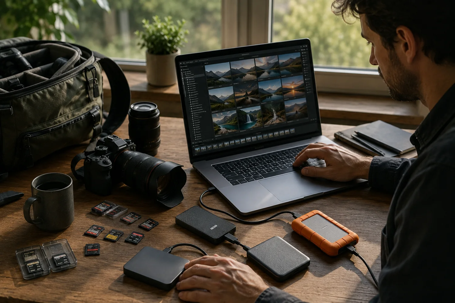 Photographe organisant ses images avec cartes mémoire, disques externes et SSD portables.