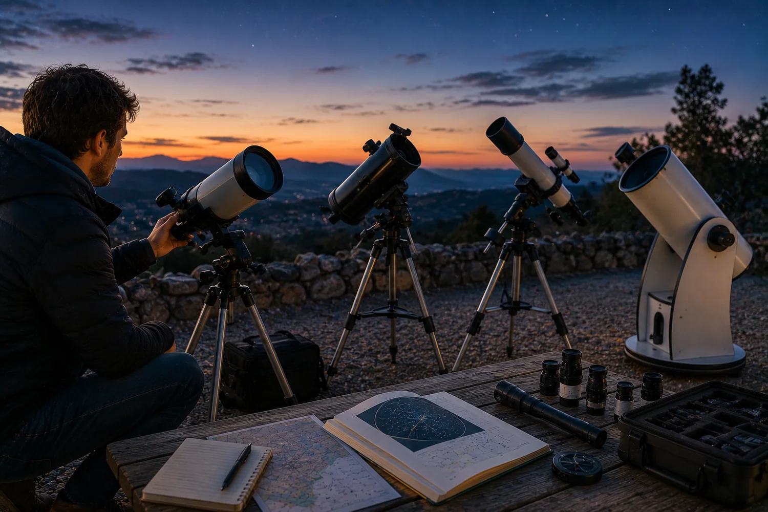 Astronome amateur étudiant un télescope Newton sous un ciel étoilé.
