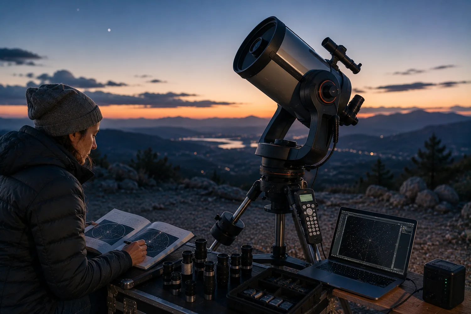 Astronome préparant une observation avec un télescope Schmidt Cassegrain sur monture motorisée.
