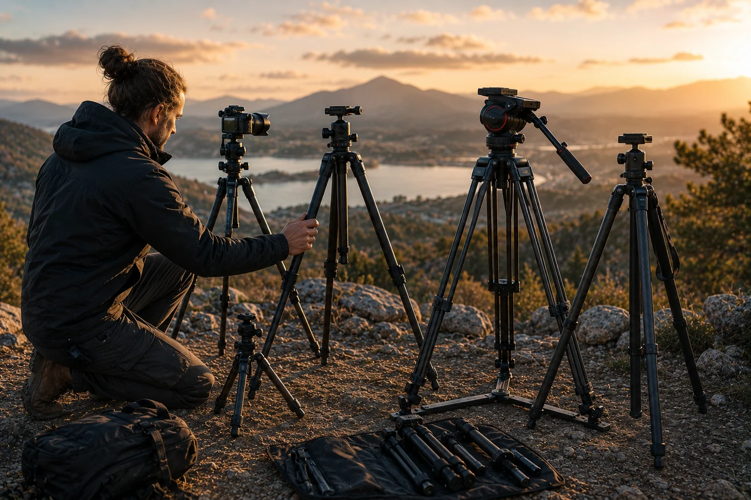 Photographe comparant plusieurs trépieds photo et vidéo en extérieur