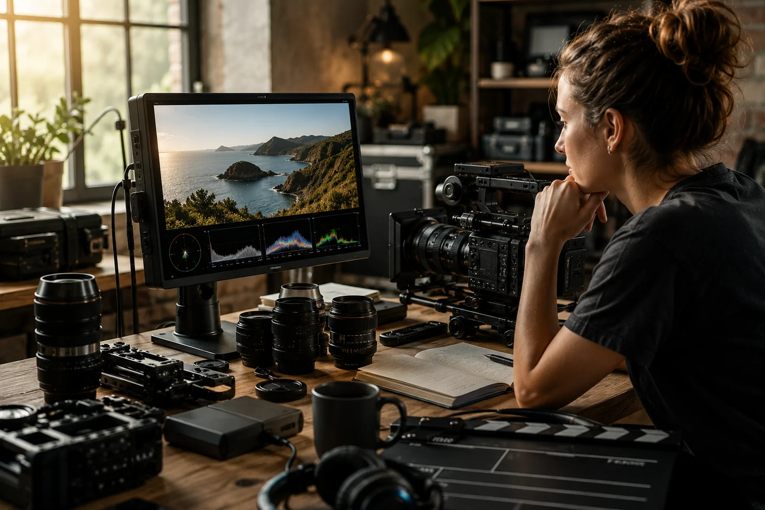 Vidéaste analysant une image 4K sur un moniteur professionnel avec caméra et accessoires vidéo