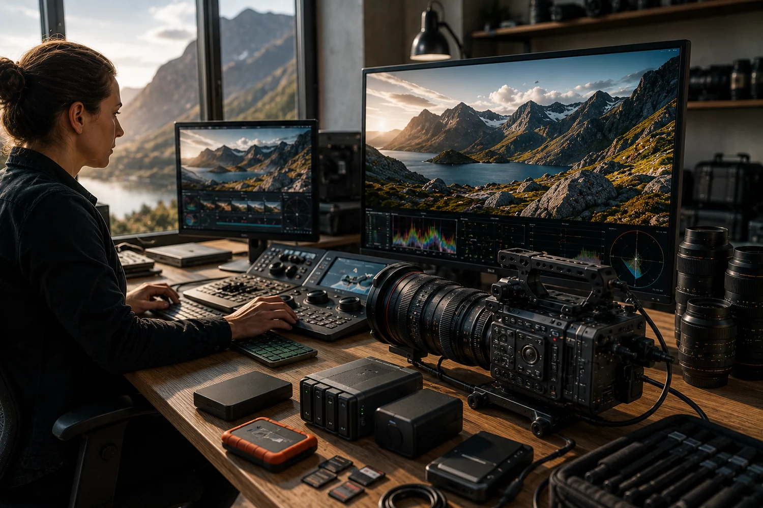Station de production vidéo avec caméra professionnelle, moniteurs de référence et stockage haute capacité