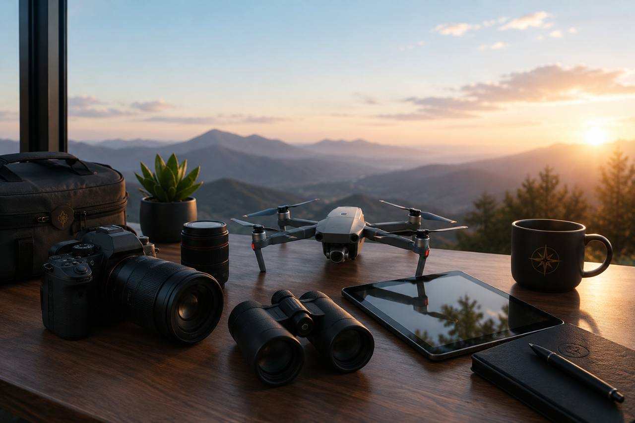 Matériel photo, drone, jumelles et tablette prêts pour organiser un Garage Senkōra