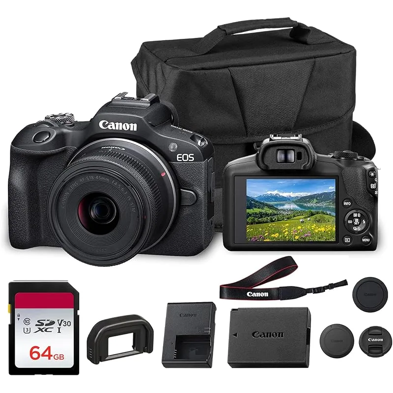 Canon EOS R100 avec objectif 18-45 mm et accessoires