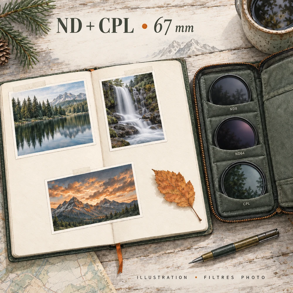 Carnet de prises de vue avec filtres ND et polarisant : illustration originale