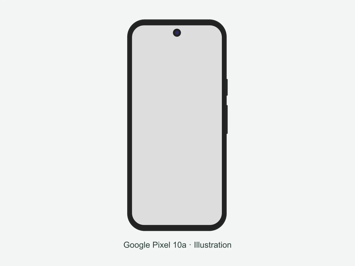 Illustration schématique du Google Pixel 10a Noir Volcanique vu de face.