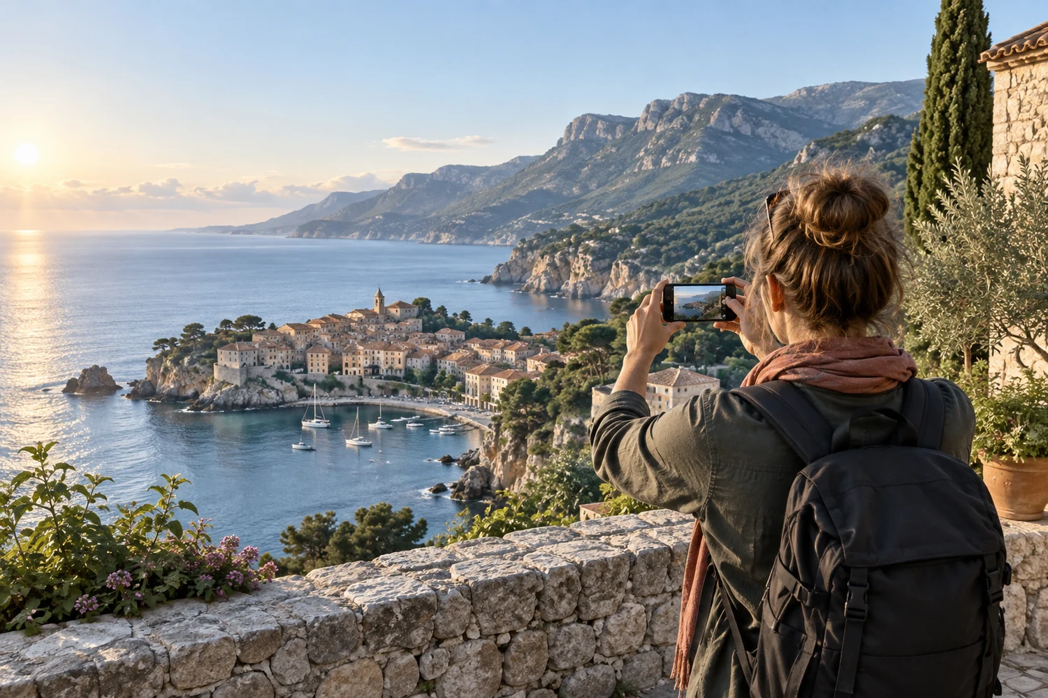 Voyageuse photographiant une côte méditerranéenne avec son téléphone, illustration d’ambiance.