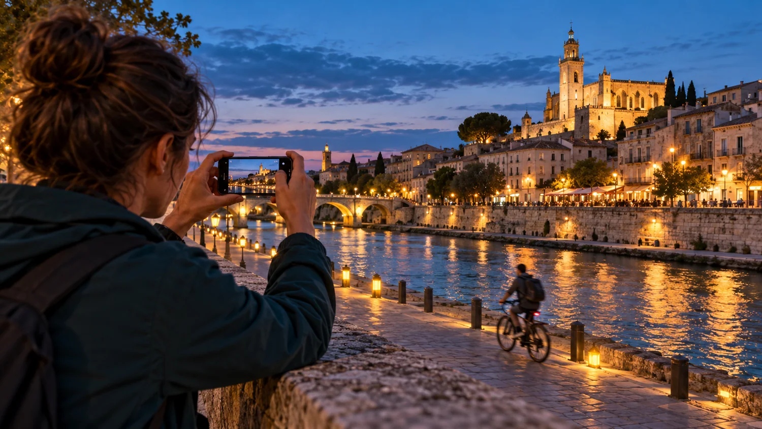 Illustration IA : une personne photographie au smartphone une ville au crépuscule tandis qu’un cycliste passe sur le quai