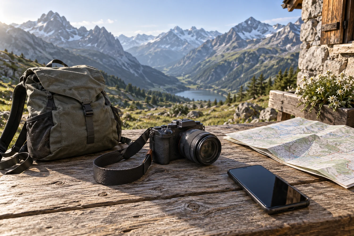 Téléphone, appareil photo et petit sac préparés sur une table devant une vallée alpine.